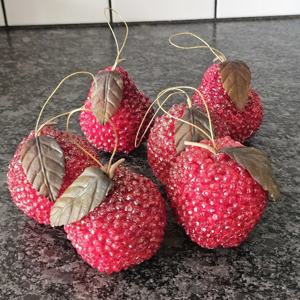 MCM Beaded Red Apple Pear Christmas Ornaments Fruit Glitter Shimmer Vtg 6 Pieces